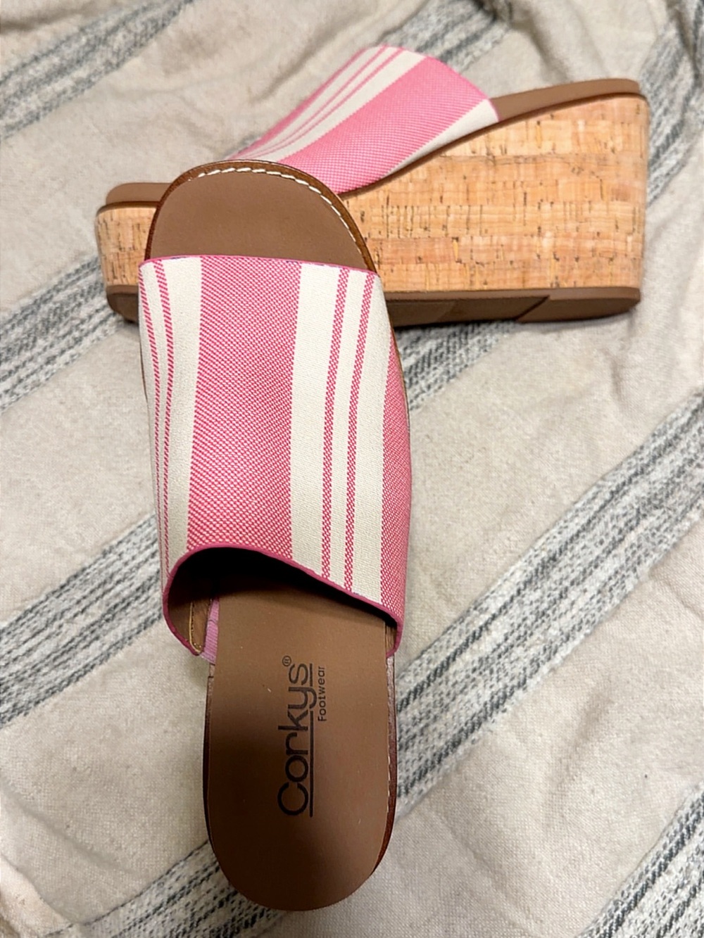 Corkys Pink and Cream Striped Cork Wedge Slides